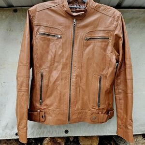 Classic Tan Cognac Supple LAMBSKIN Leather Biker Jacket MOTO size XXL Unisex